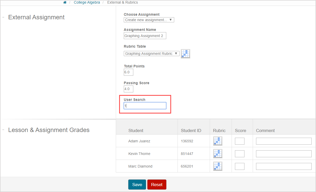 The user search field is highlighted in the external assignment pane above the student grades table.